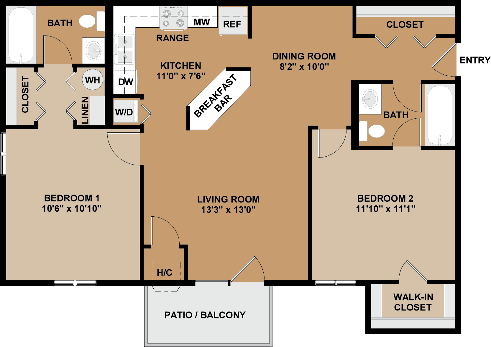 Floor plan for 2 beds, 2 baths, 944 sqft